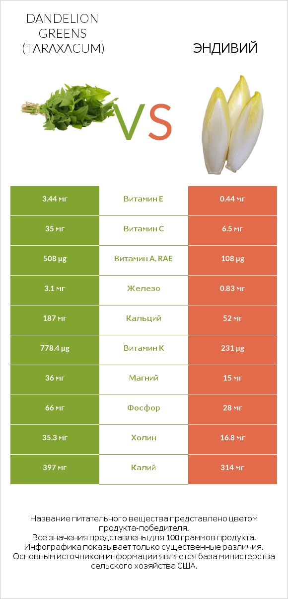 Dandelion greens vs Эндивий infographic