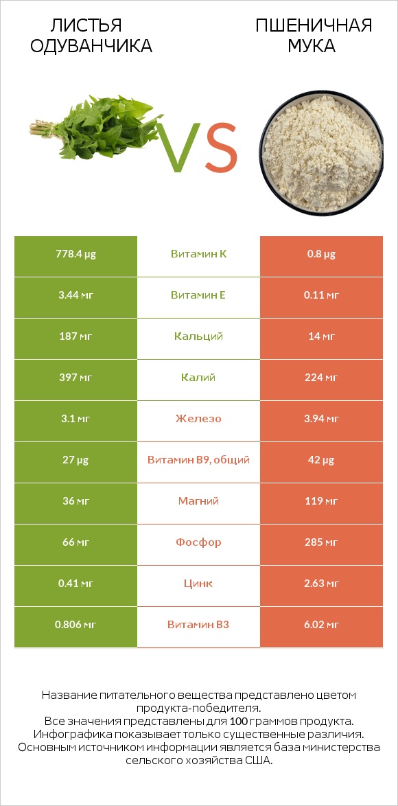 Листья одуванчика vs Пшеничная мука infographic