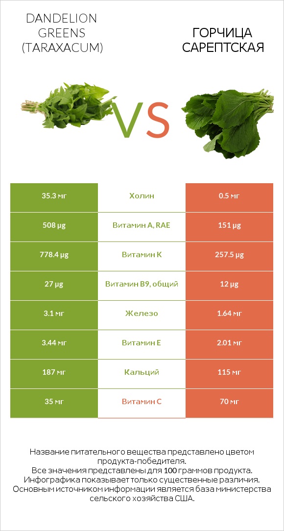 Dandelion greens vs Горчица сарептская infographic