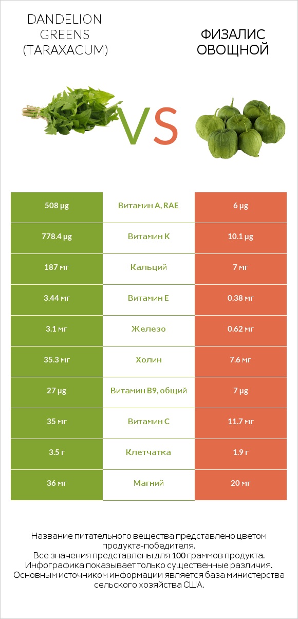 Dandelion greens vs Физалис овощной infographic