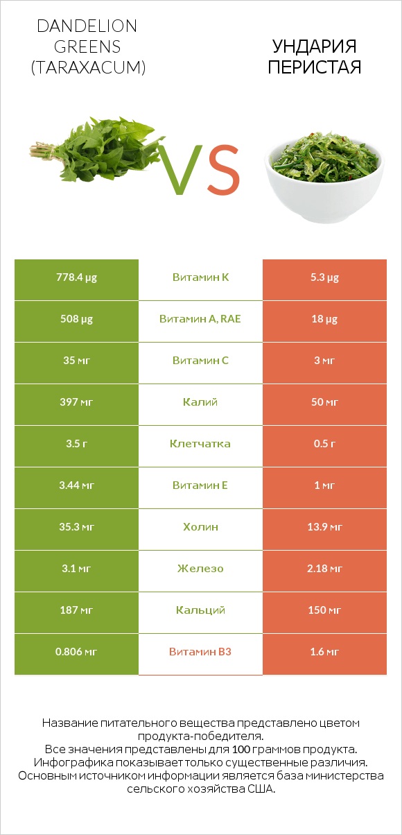 Dandelion greens vs Ундария перистая infographic