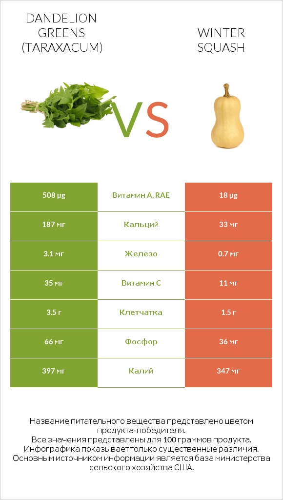 Dandelion greens vs Winter squash infographic