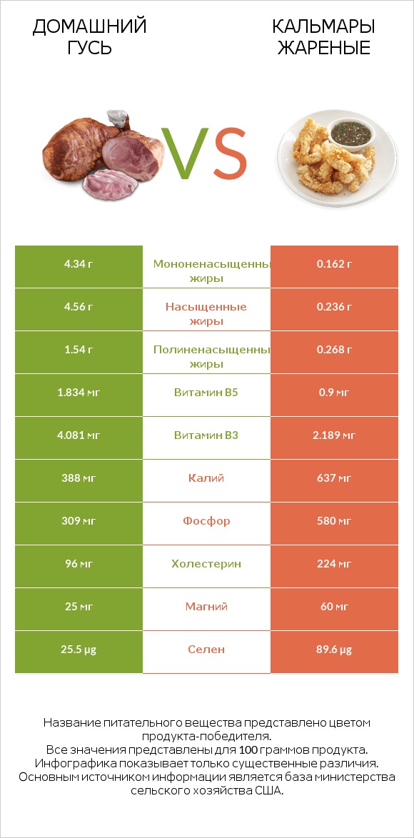 Домашний гусь vs Кальмары жареные infographic
