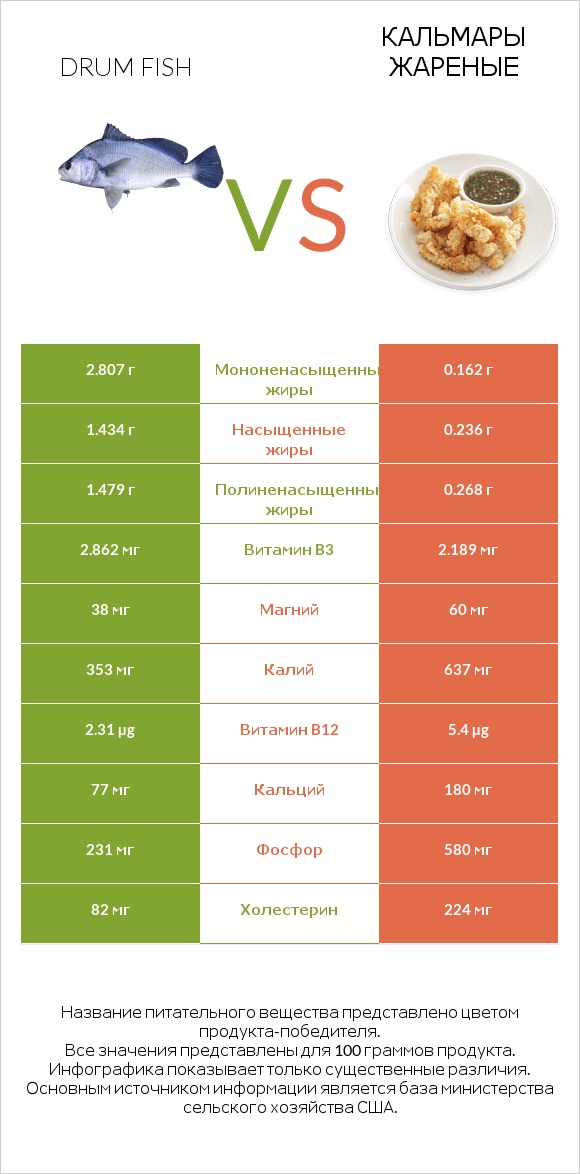 Drum fish vs Кальмары жареные infographic