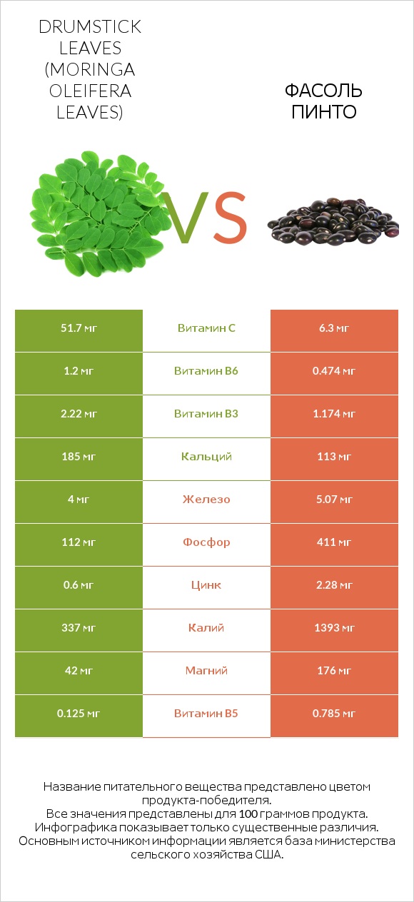 Листья моринги vs Фасоль пинто infographic