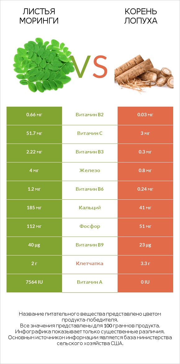 Листья моринги vs Корень лопуха infographic