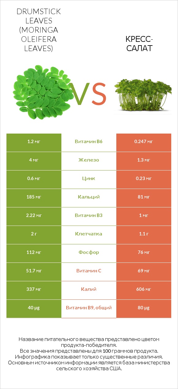 Листья моринги vs Кресс-салат infographic