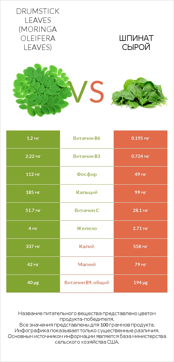 Листья моринги vs Шпинат сырой infographic