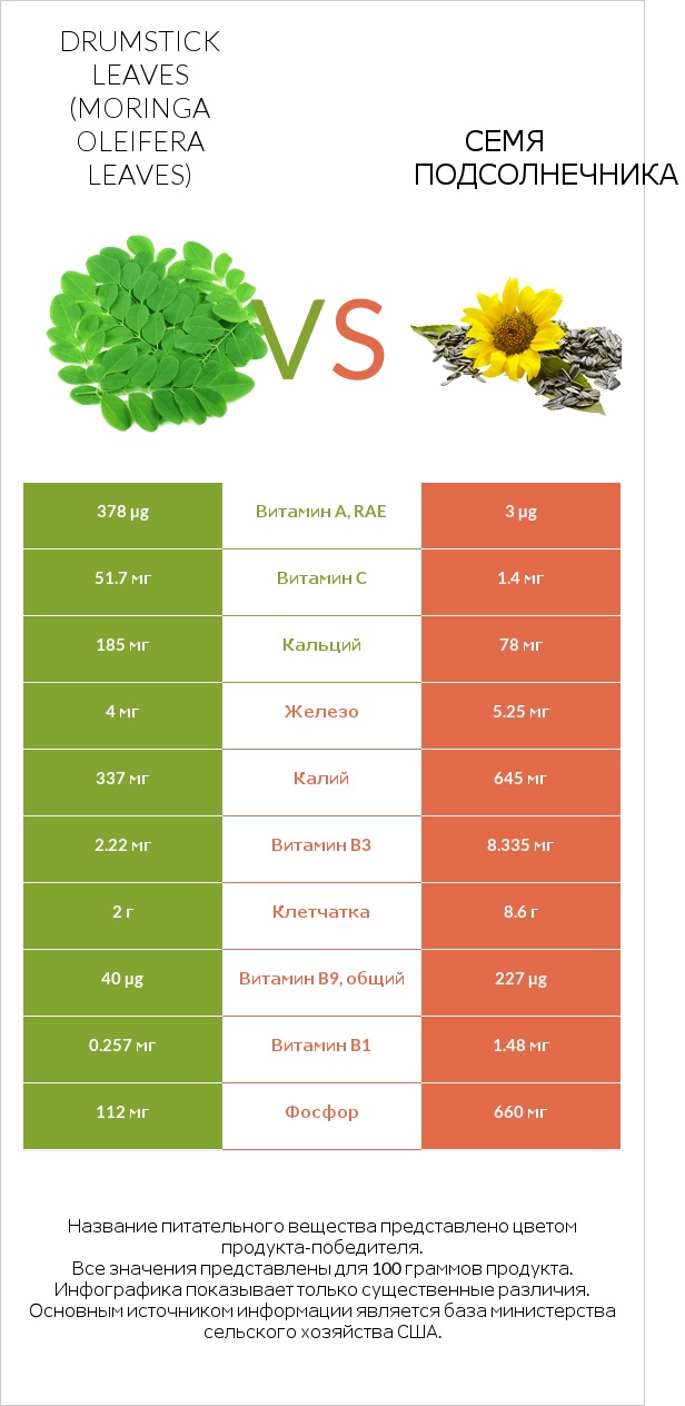 Листья моринги vs Семя подсолнечника infographic