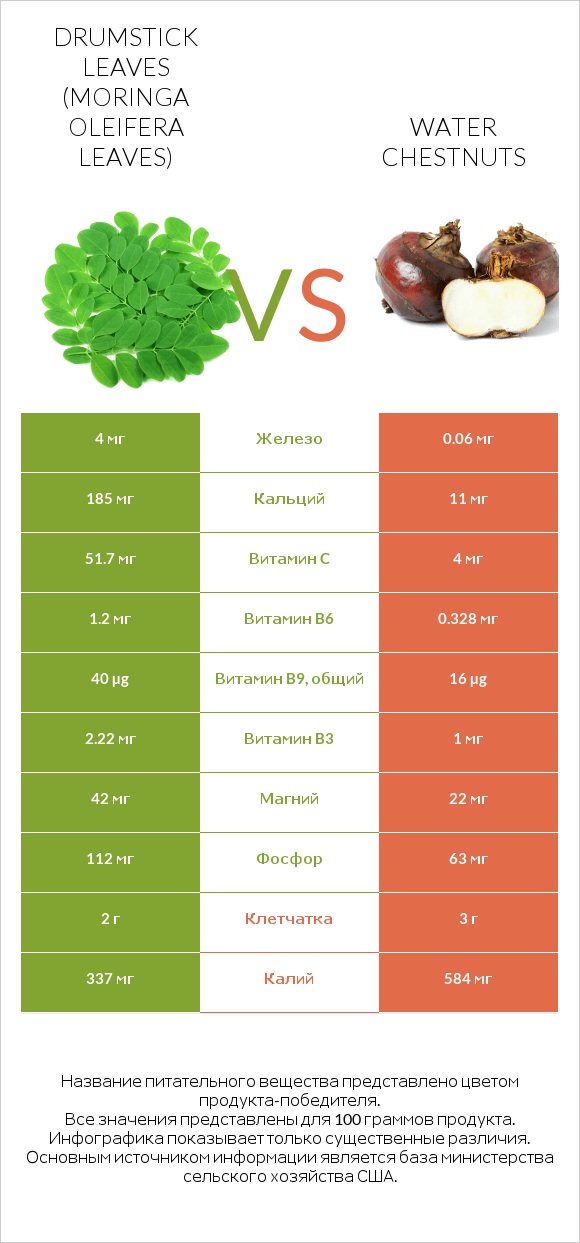 Drumstick leaves vs Water chestnuts infographic