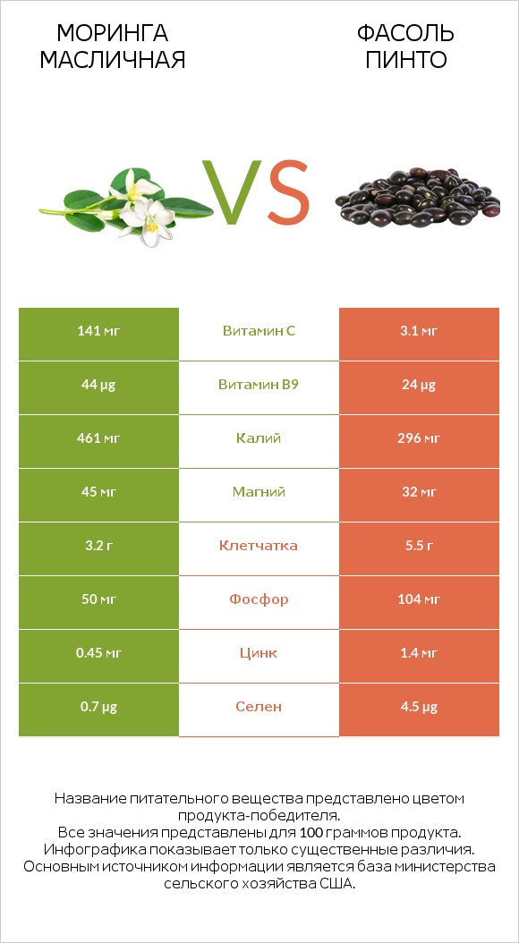 Моринга масличная vs Фасоль пинто infographic