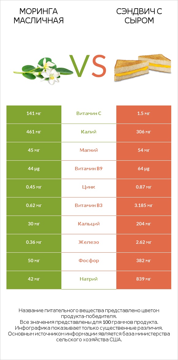 Моринга масличная vs Сэндвич с сыром infographic