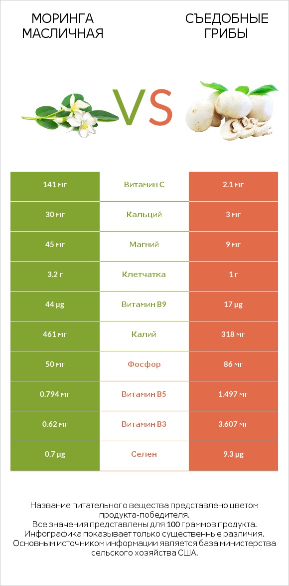 Моринга масличная vs Съедобные грибы infographic