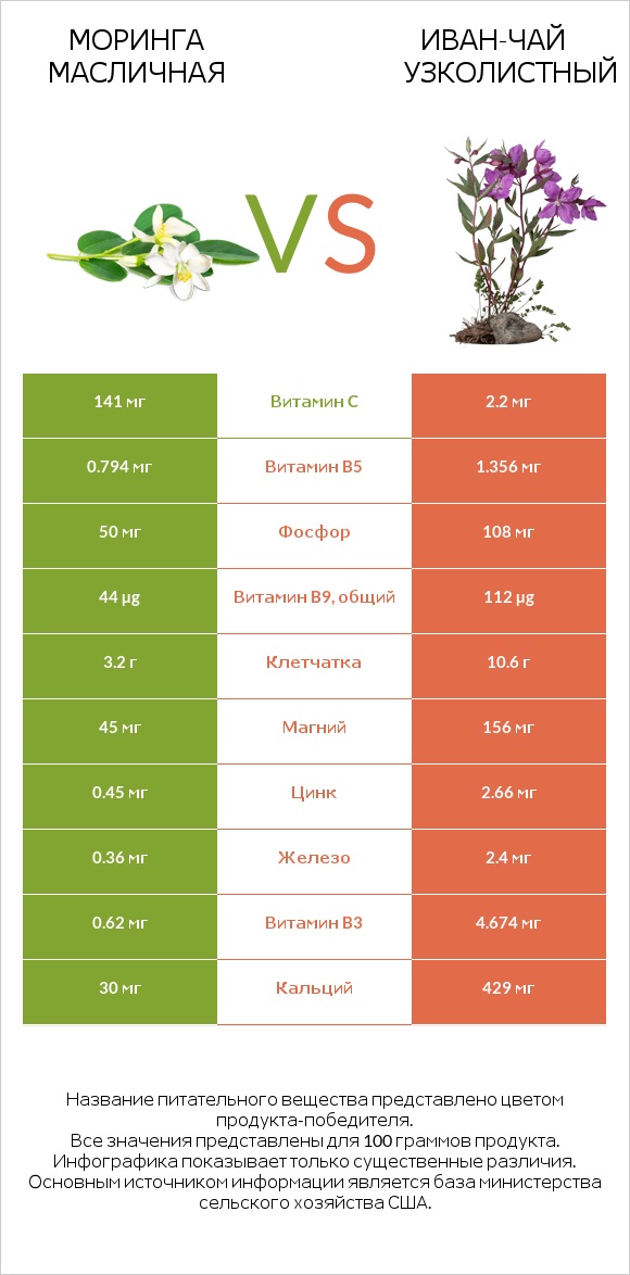 Моринга масличная vs Иван-чай узколистный infographic