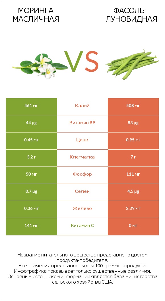 Моринга масличная vs Фасоль луновидная infographic