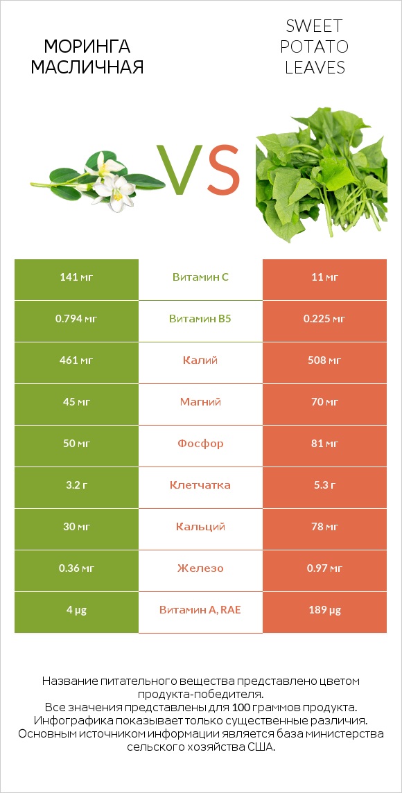 Моринга масличная vs Sweet potato leaves infographic
