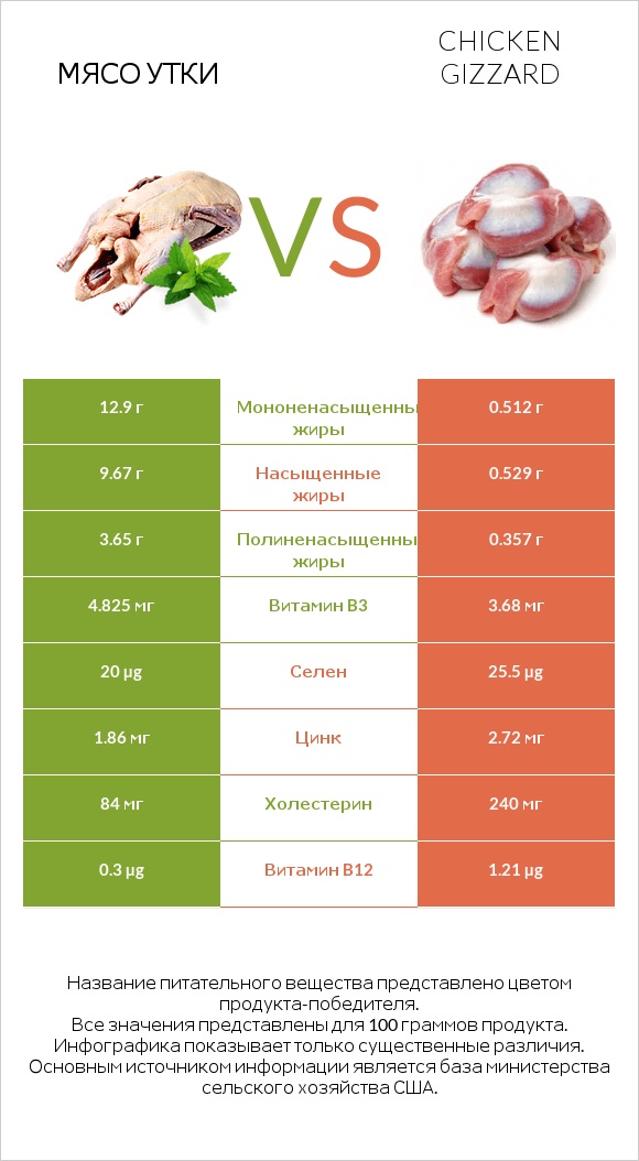 Мясо утки vs Chicken gizzard infographic