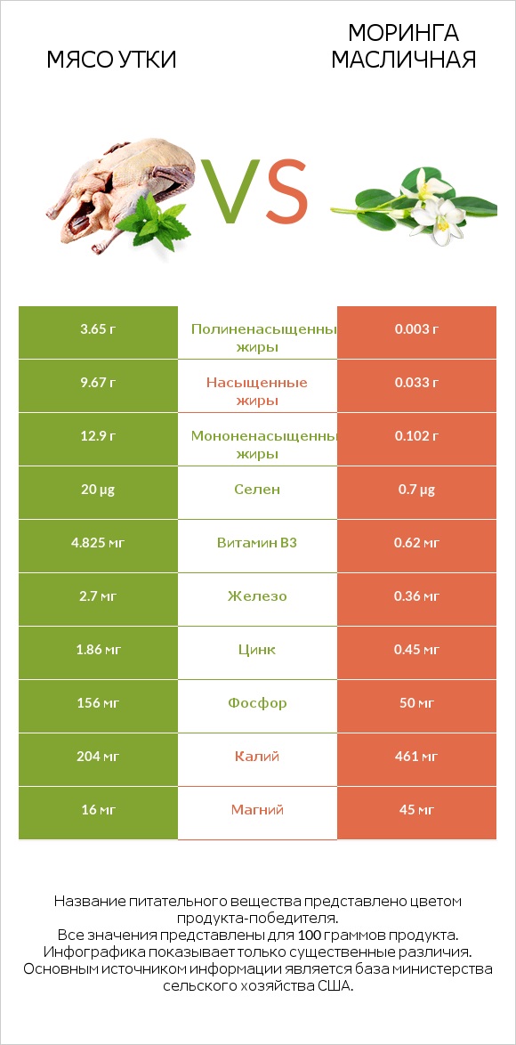 Мясо утки vs Моринга масличная infographic