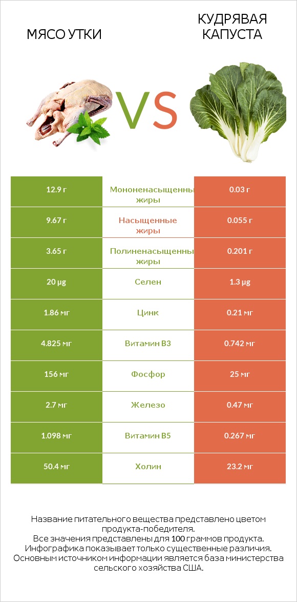 Мясо утки vs Кудрявая капуста infographic