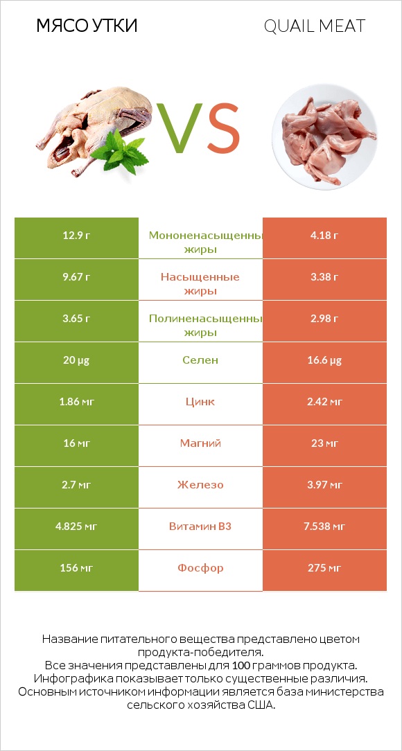 Мясо утки vs Quail meat infographic