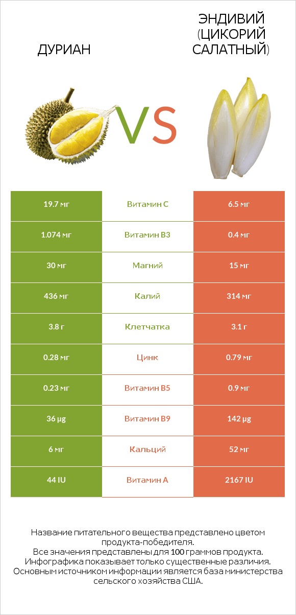 Дуриан vs Эндивий (Цикорий салатный) infographic