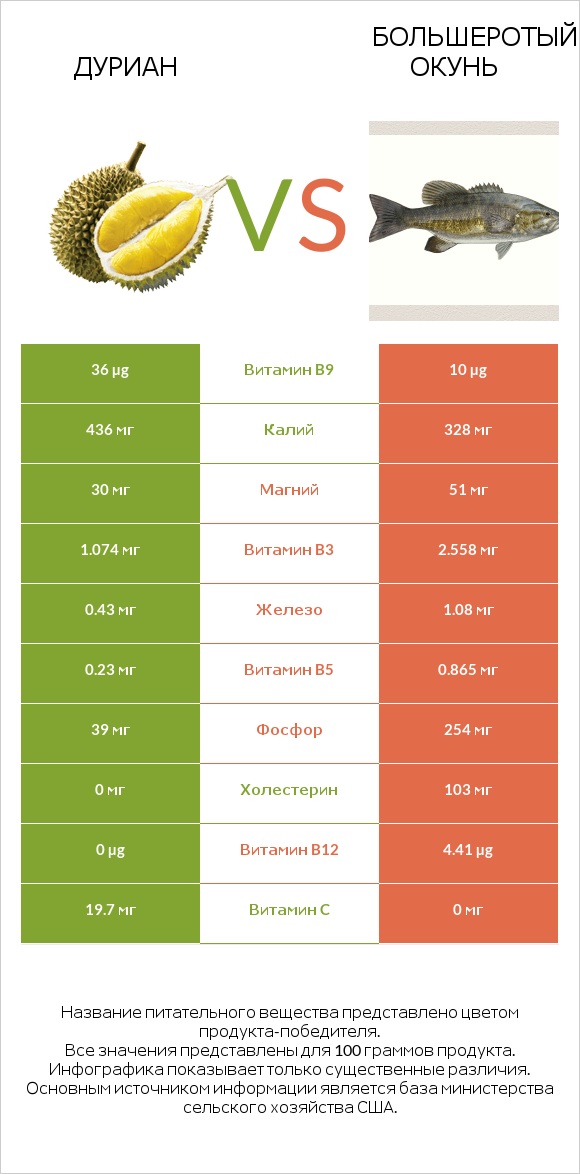 Дуриан vs Большеротый окунь infographic