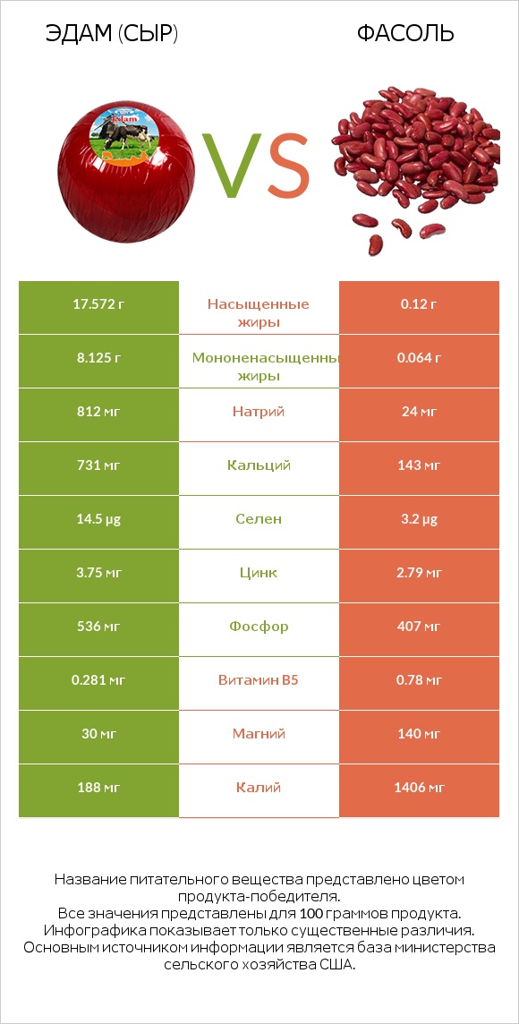 Эдам (сыр) vs Фасоль infographic