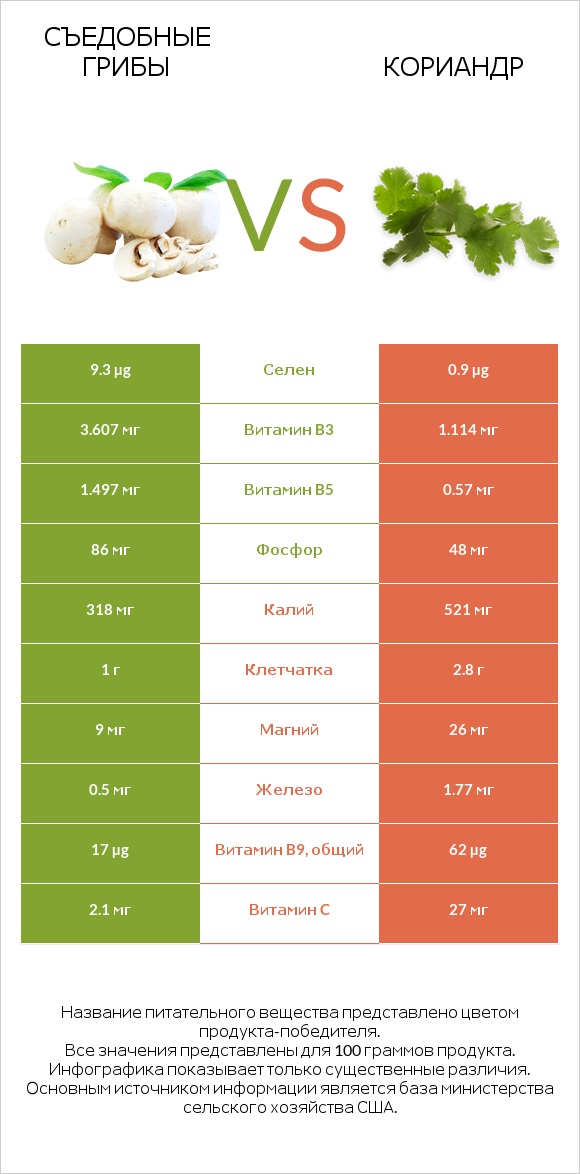 Съедобные грибы vs Кориандр infographic