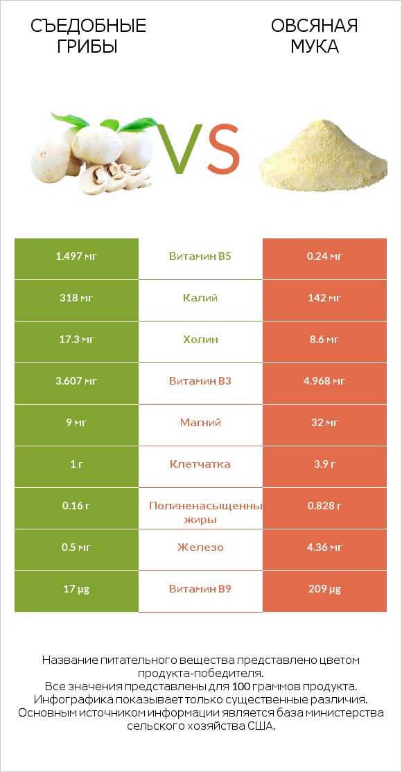 Съедобные грибы vs Овсяная мука infographic