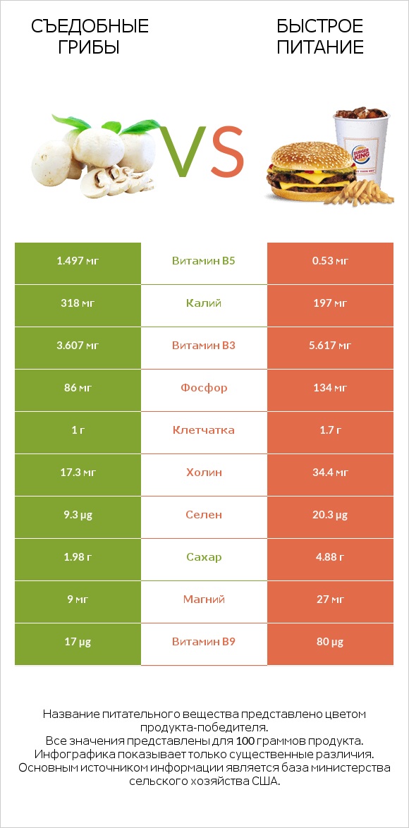 Съедобные грибы vs Быстрое питание infographic