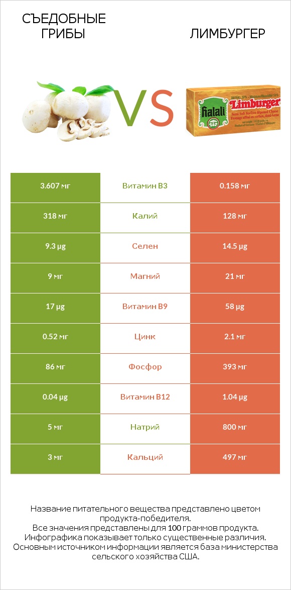 Съедобные грибы vs Лимбургер infographic