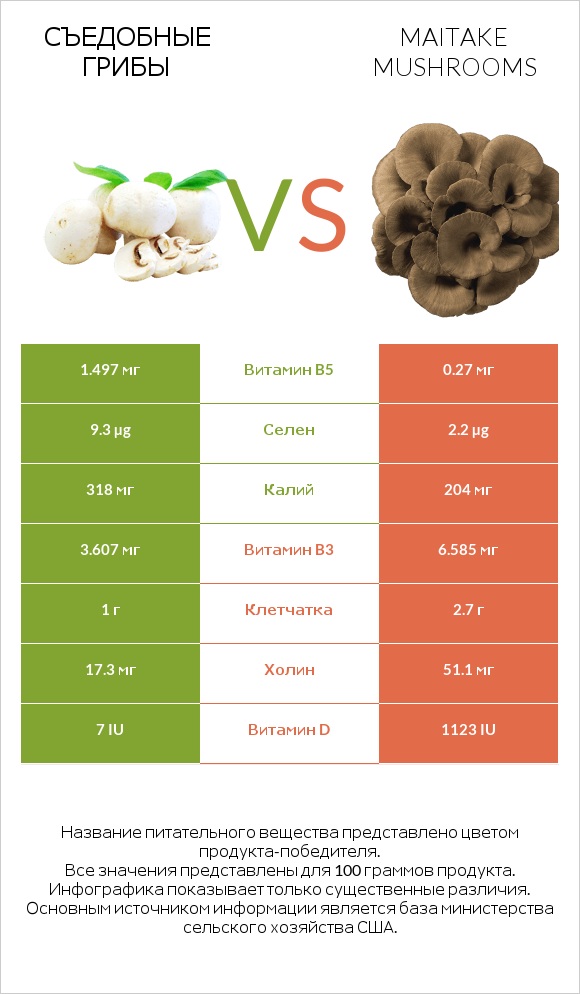 Съедобные грибы vs Maitake mushrooms infographic