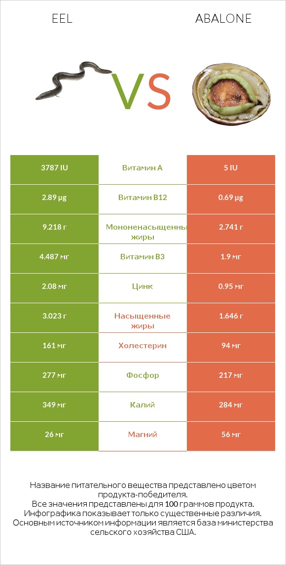 Eel vs Abalone infographic