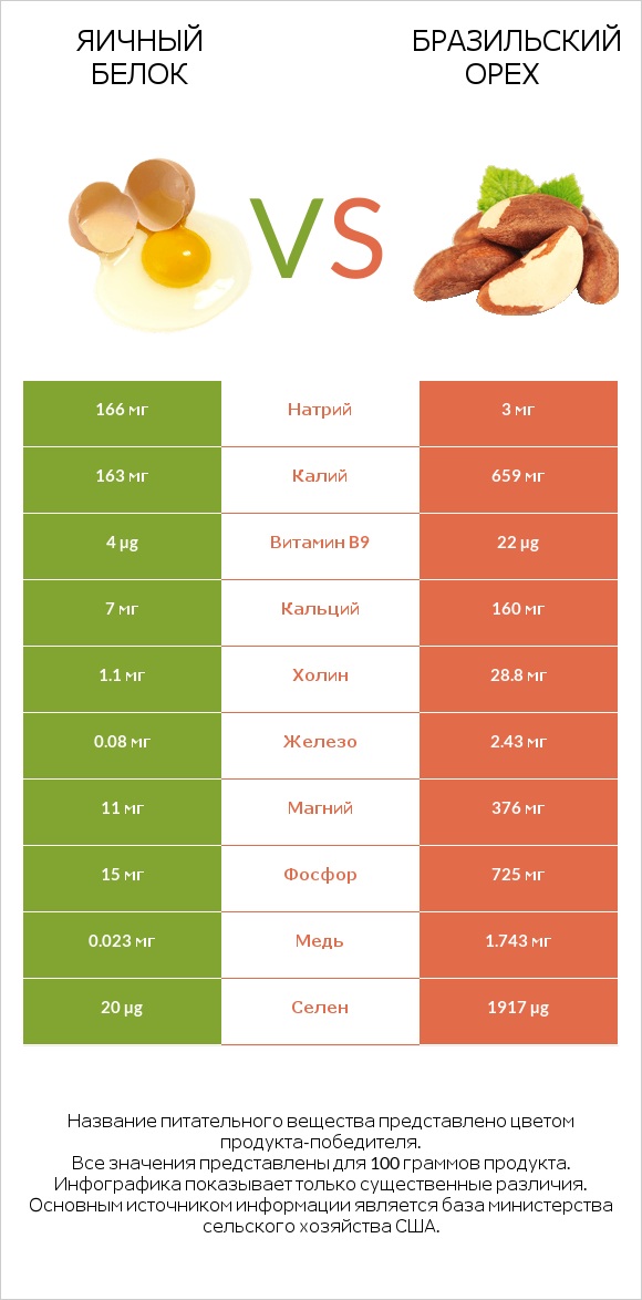Яичный белок vs Бразильский орех infographic