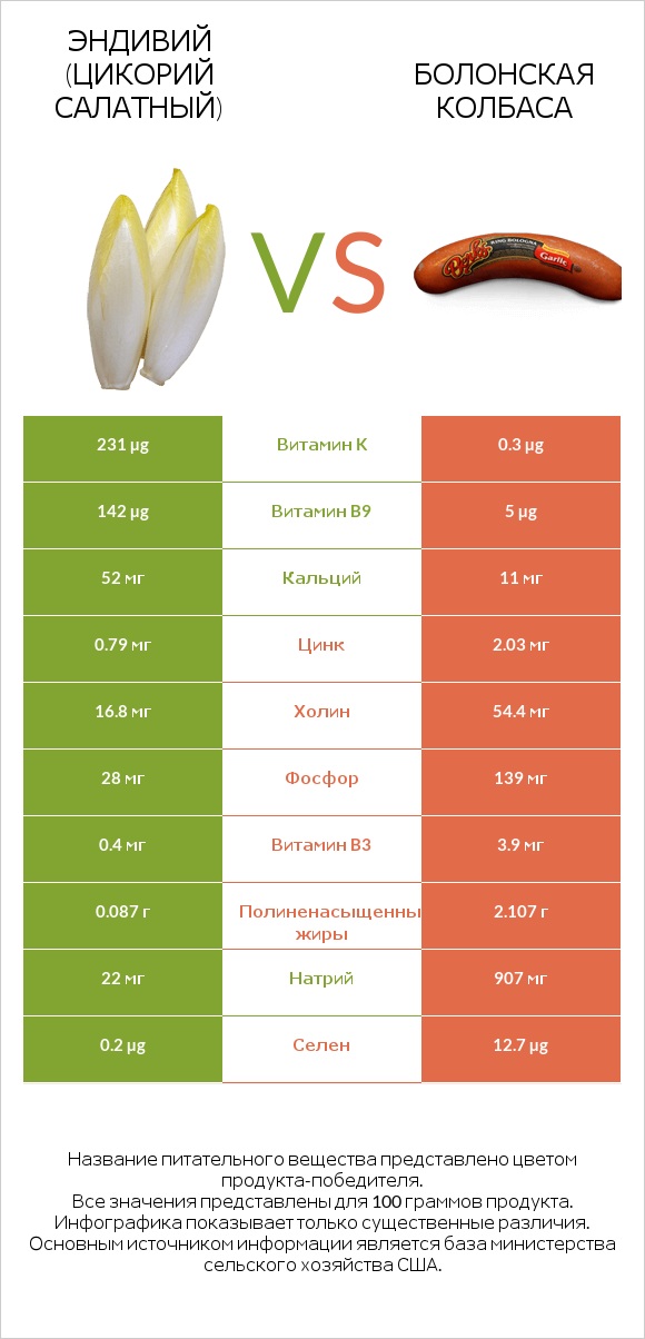 Эндивий (Цикорий салатный) vs Болонская колбаса infographic