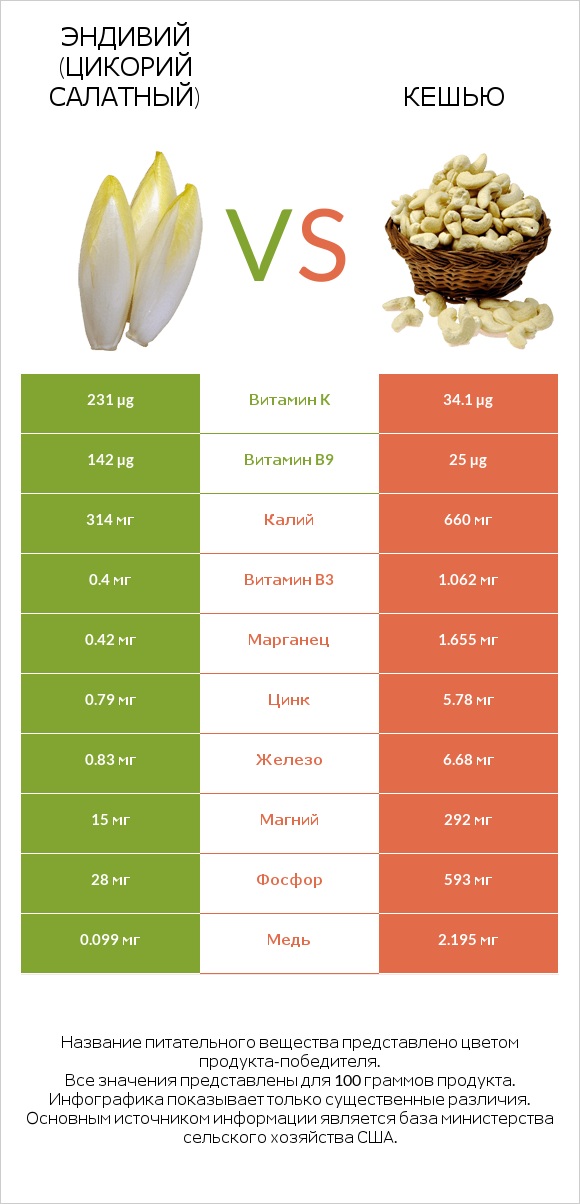 Эндивий (Цикорий салатный)  vs Кешью infographic