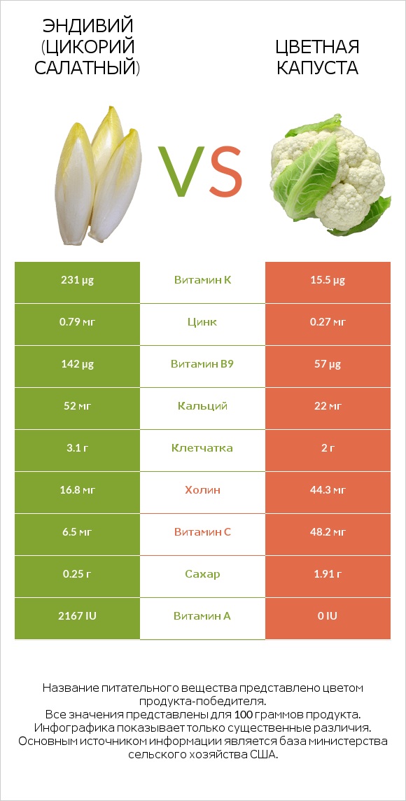 Эндивий (Цикорий салатный)  vs Цветная капуста infographic