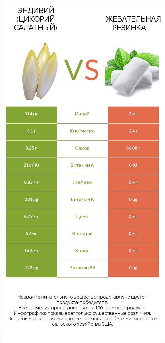 Эндивий (Цикорий салатный) vs Жевательная резинка infographic