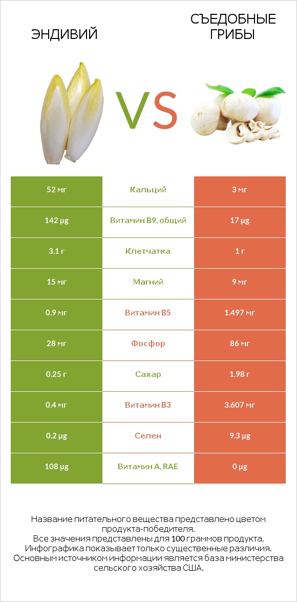 Эндивий vs Съедобные грибы infographic