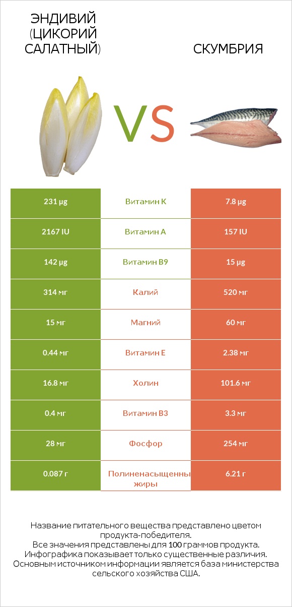 Эндивий (Цикорий салатный) vs Скумбрия infographic