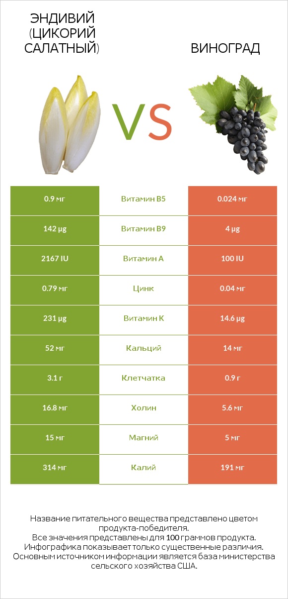 Эндивий (Цикорий салатный)  vs Виноград infographic