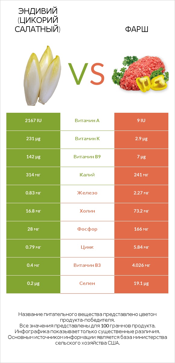 Эндивий (Цикорий салатный) vs Фарш infographic
