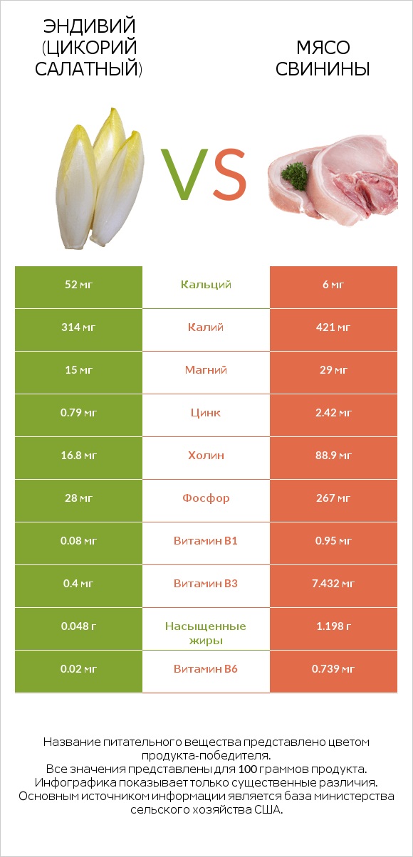 Эндивий (Цикорий салатный)  vs Мясо свинины infographic