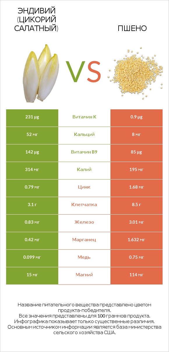 Эндивий (Цикорий салатный) vs Пшено infographic