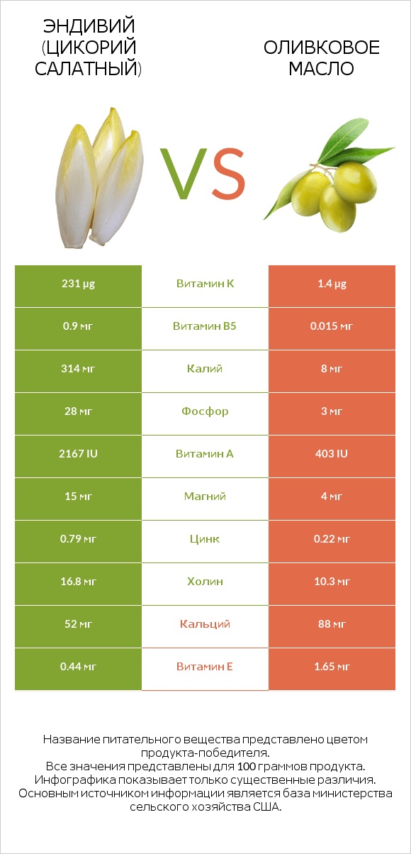 Эндивий (Цикорий салатный)  vs Оливковое масло infographic