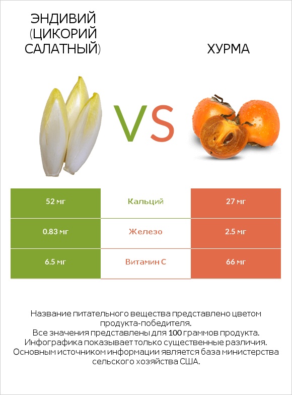 Эндивий (Цикорий салатный) vs Хурма infographic