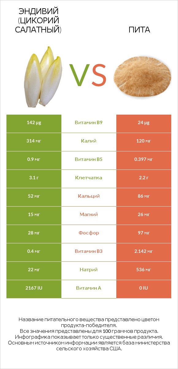 Эндивий (Цикорий салатный)  vs Пита infographic