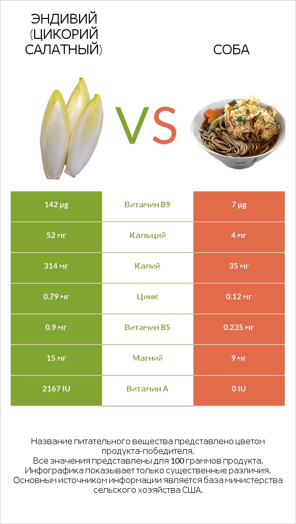 Эндивий (Цикорий салатный)  vs Соба infographic