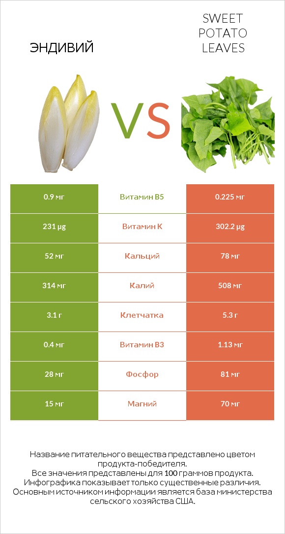 Эндивий vs Sweet potato leaves infographic