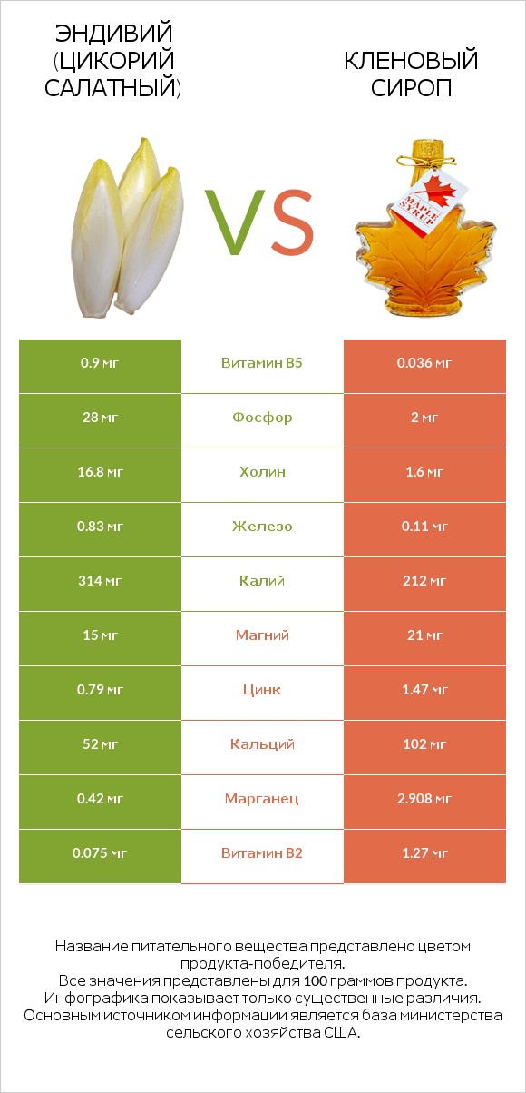 Эндивий (Цикорий салатный) vs Кленовый сироп infographic